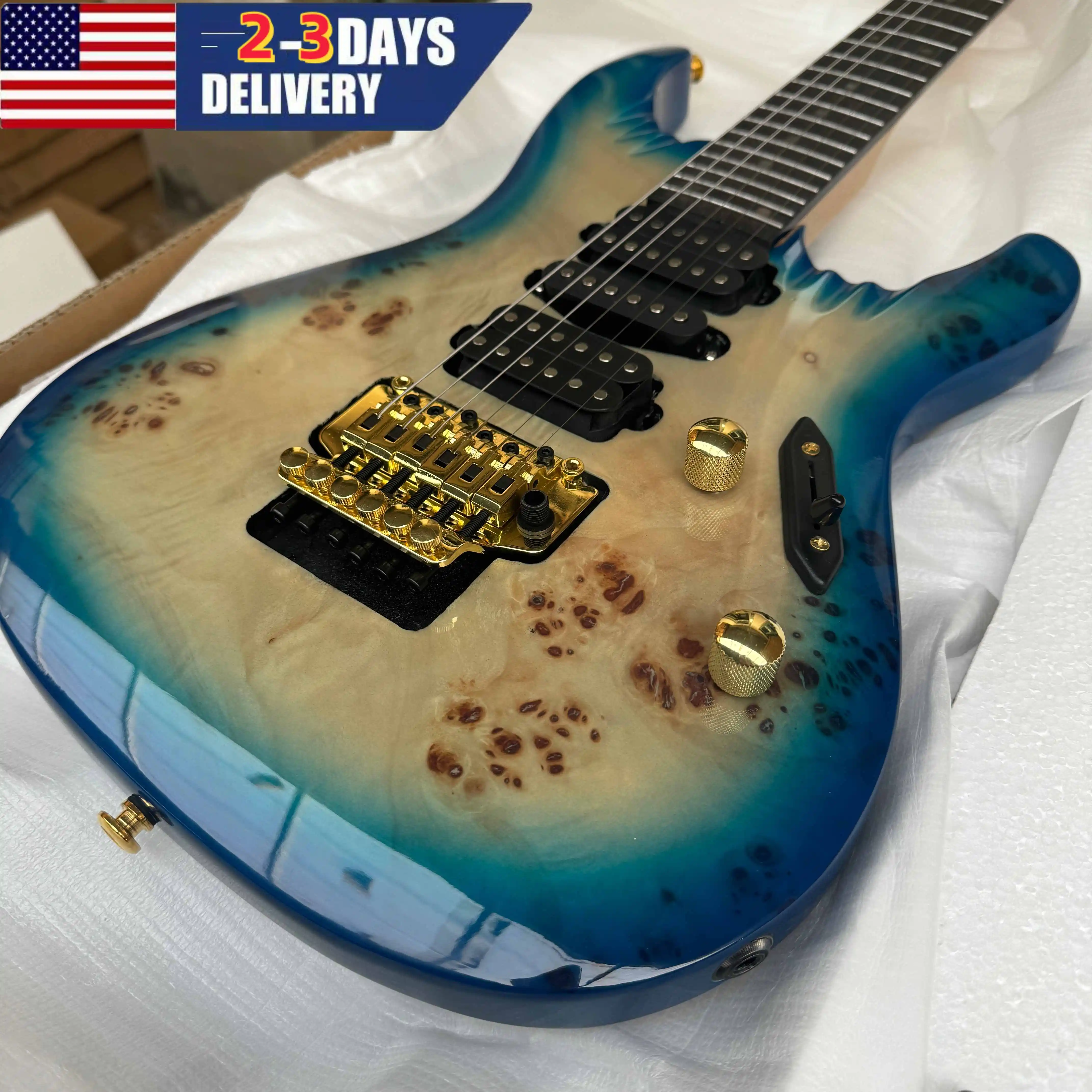 Gradient Blue Electric Guitar with Tree Print Panel, 6-series Gold Hardware Quality Assurance