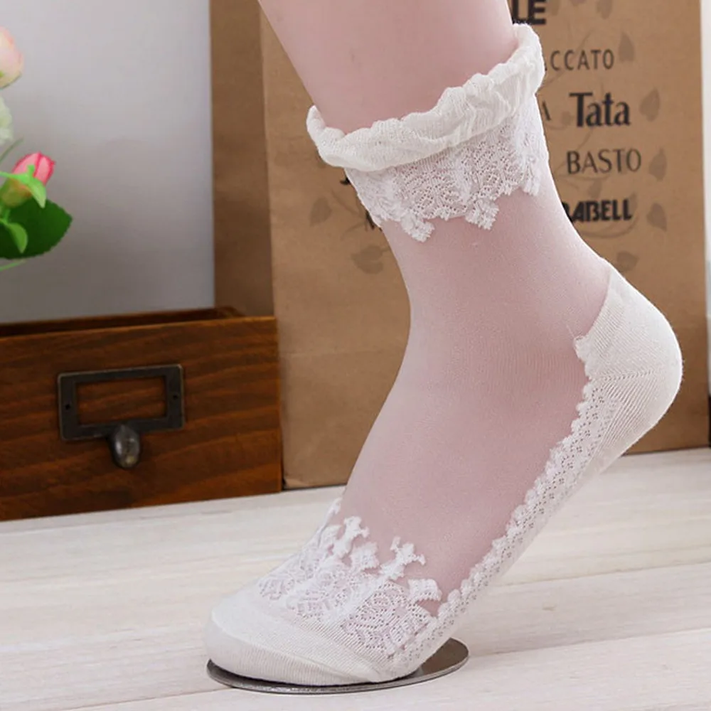 Fashion Thin Transparent Sock Women Breathable Summer Socks Girls Lace Flower Crystal Silk Sock Sexy Elastic Short Tulle Socks