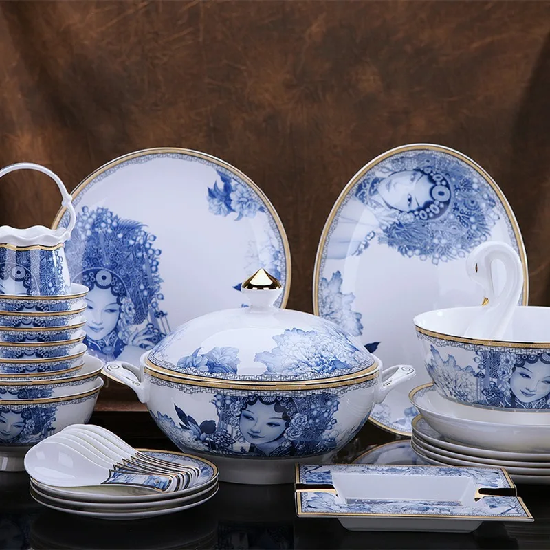 Jingdezhen porcelain tableware, Chinese style 61 head drawing concubine drunk dishes