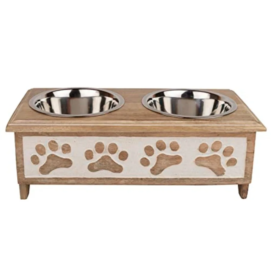 

Приподнятые миски для собак мелких пород: деревянная подставка-кормушка в современном фермерском стиле с эффектом состаривания и 2 мисками из нержавеющей стали