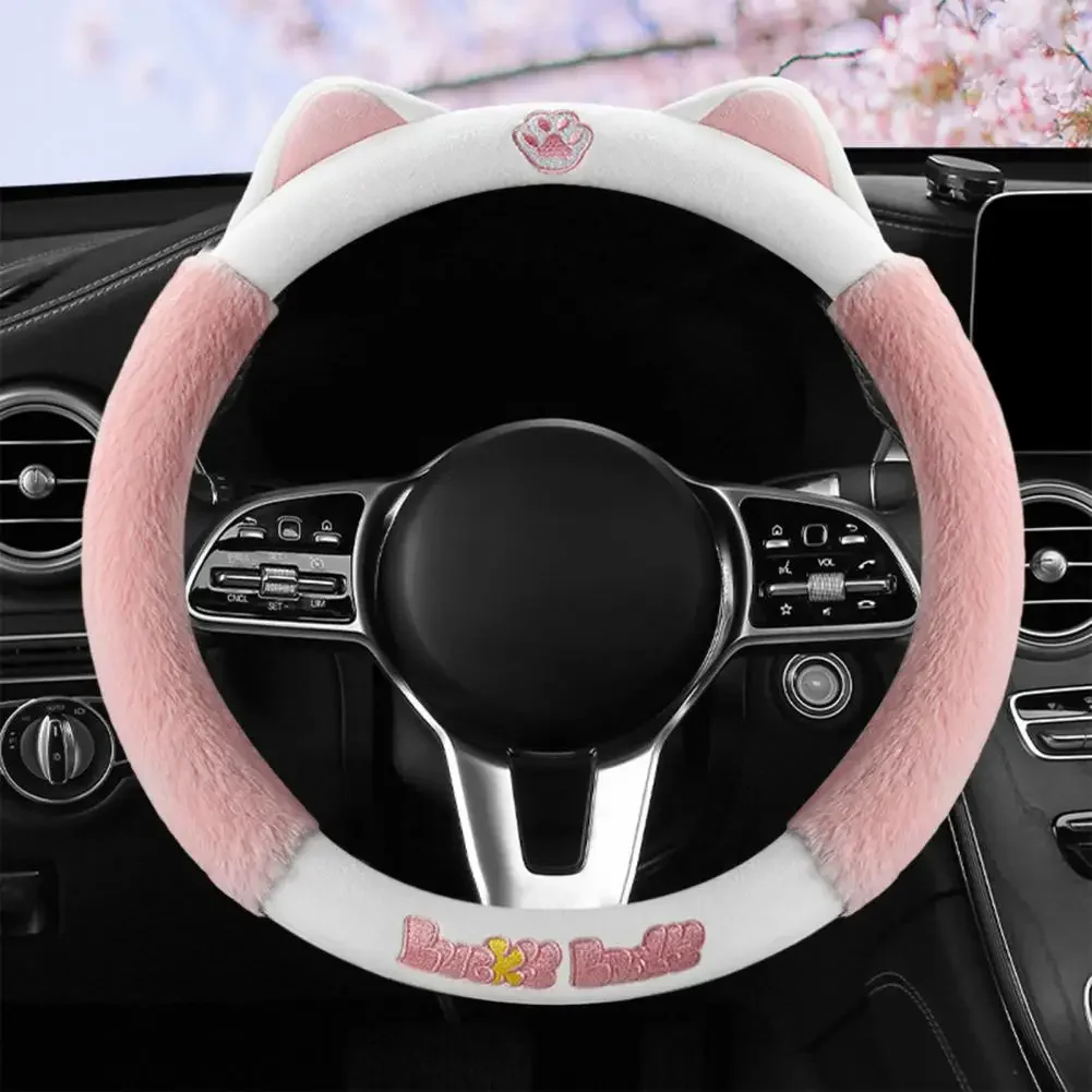 Anti-slip Steering Wheel Cover Steering Wheel Protector Cat Ear Design Short Plush Steering Wheel Cover for Winter Non-slip