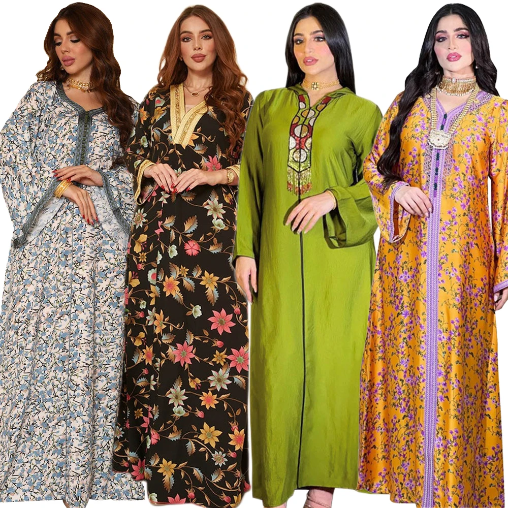 

Muslim Abaya Women Floral Print Long Dress Dubai Kaftan Moroccan Party Gown Turkey Caftan Islamic Clothing Arab Robe Jalabiya