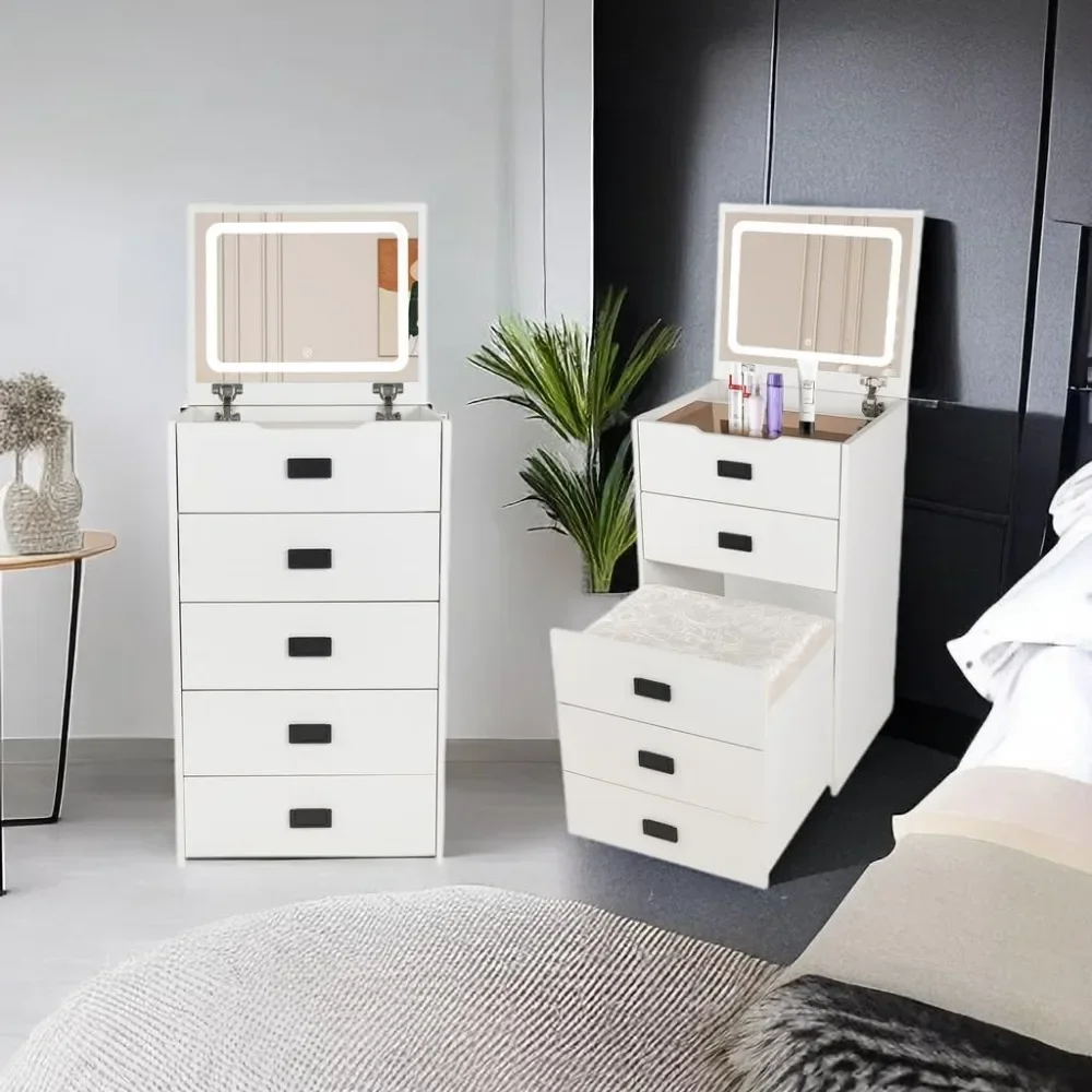 White Make-up Dresser with Clamshell 3 Lighting, Color Adjustable, with Internal Storage Area, with Storage Make-up Stool