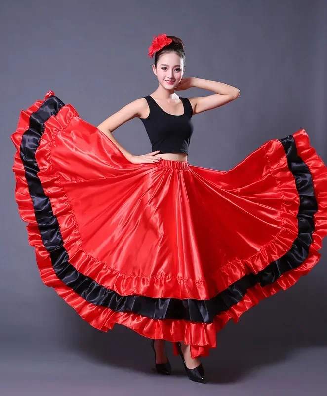 Spanischer Flamenco-Rock, Polyester-Satin-Kleider, glatt, große Schaukel, Party, Ballsaal, Bauchtanz, Kleid, Karneval, Kostüme für Damen