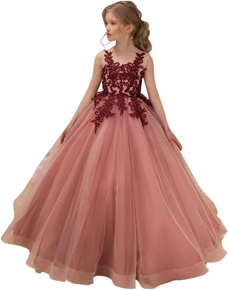 Princess Dress Flower Girl Dress with Lace Applique – Elegant Pageant Ball Gown for Kids, Wedding, Prom, and Special Occasions