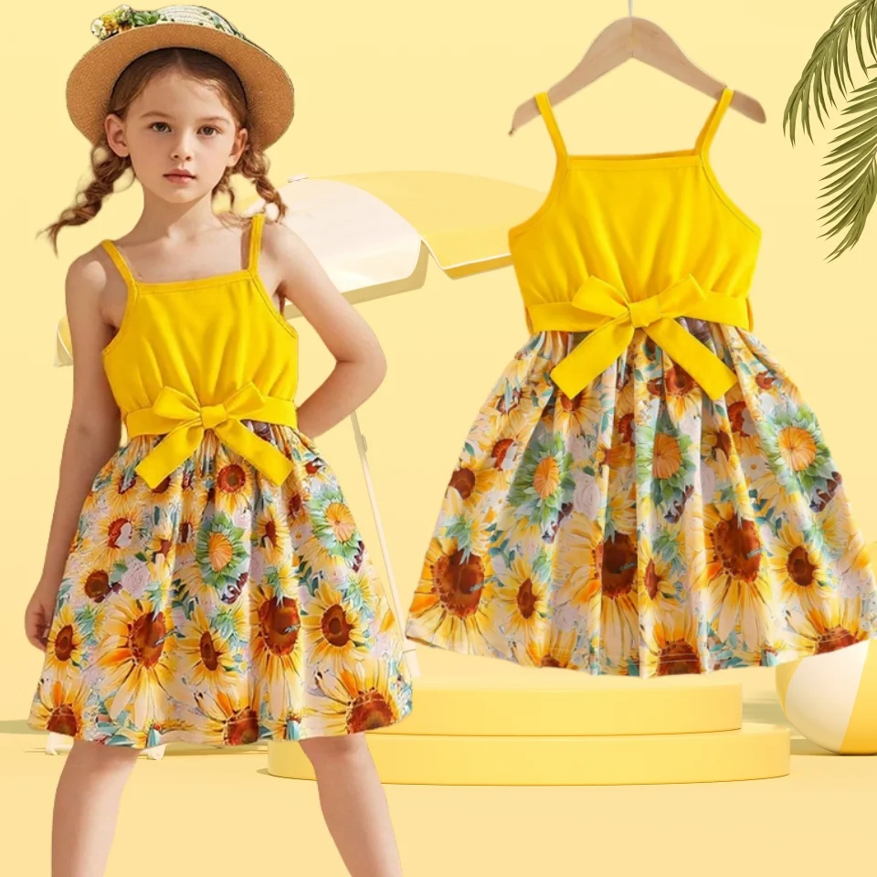 

One Pcs Baby Girls' Summer Beach Dresses Knee-Length Fit for Outdoor Events Wedding Vacation Party Children's Clothing 4 To 7