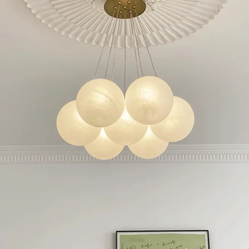 Modern Cream Style White Glass Ball Chandelier Creative LED Bubble Chandelier For Living Room Bedroom Nordic Moon Planet Lamp