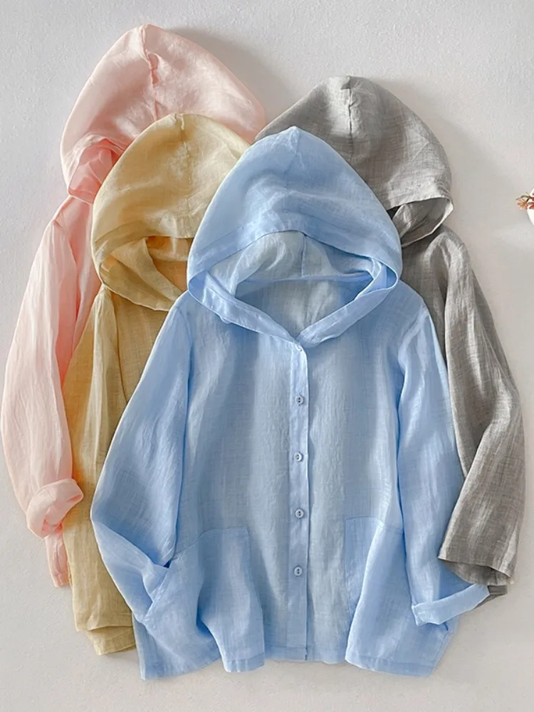 

Lightweight Hemp Sundress Shirt Women's Loose Fit Long Sleeve Button up Casual Outerwear Cardigan Pure Color UV Protection