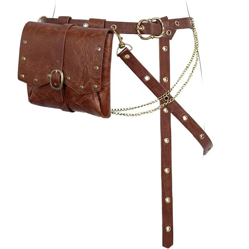Medieval Viking Style Pu Leather Set Multi-layer Metal Chain Waist Belt with Vintage Fanny Pack for Halloween Cosplay Stage Performance Accessories
