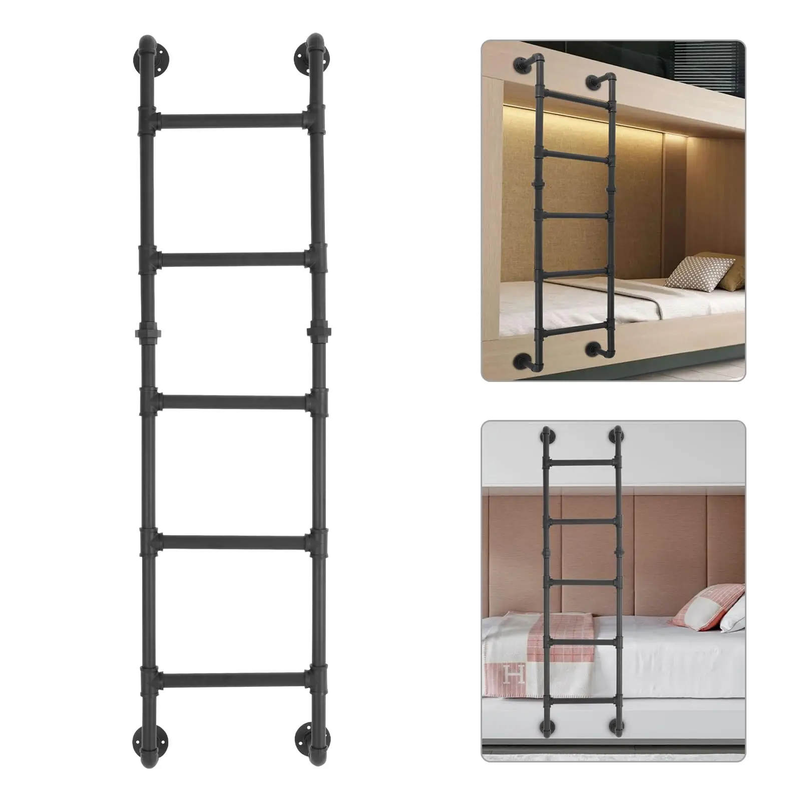 Wall/Floor Mounted Bunk Bed Ladder, Basement Window Well Egress Ladder, Metal Step Ladder for Rv Attic Library (Black, 5 Steps)