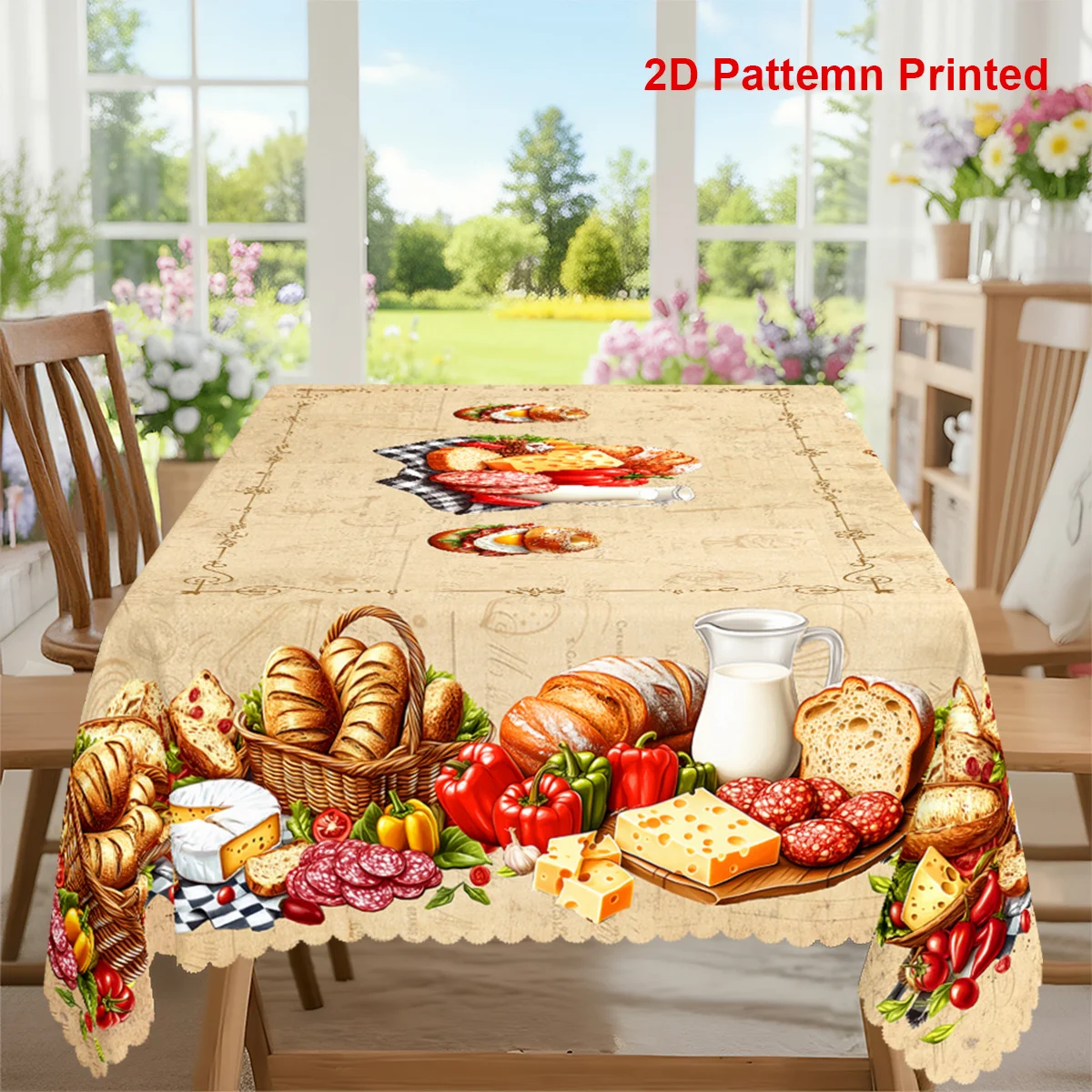 One tablecloth for a food-themed party, featuring a vintage buffalo stripe design with milk, bread and cheese prints.yzb