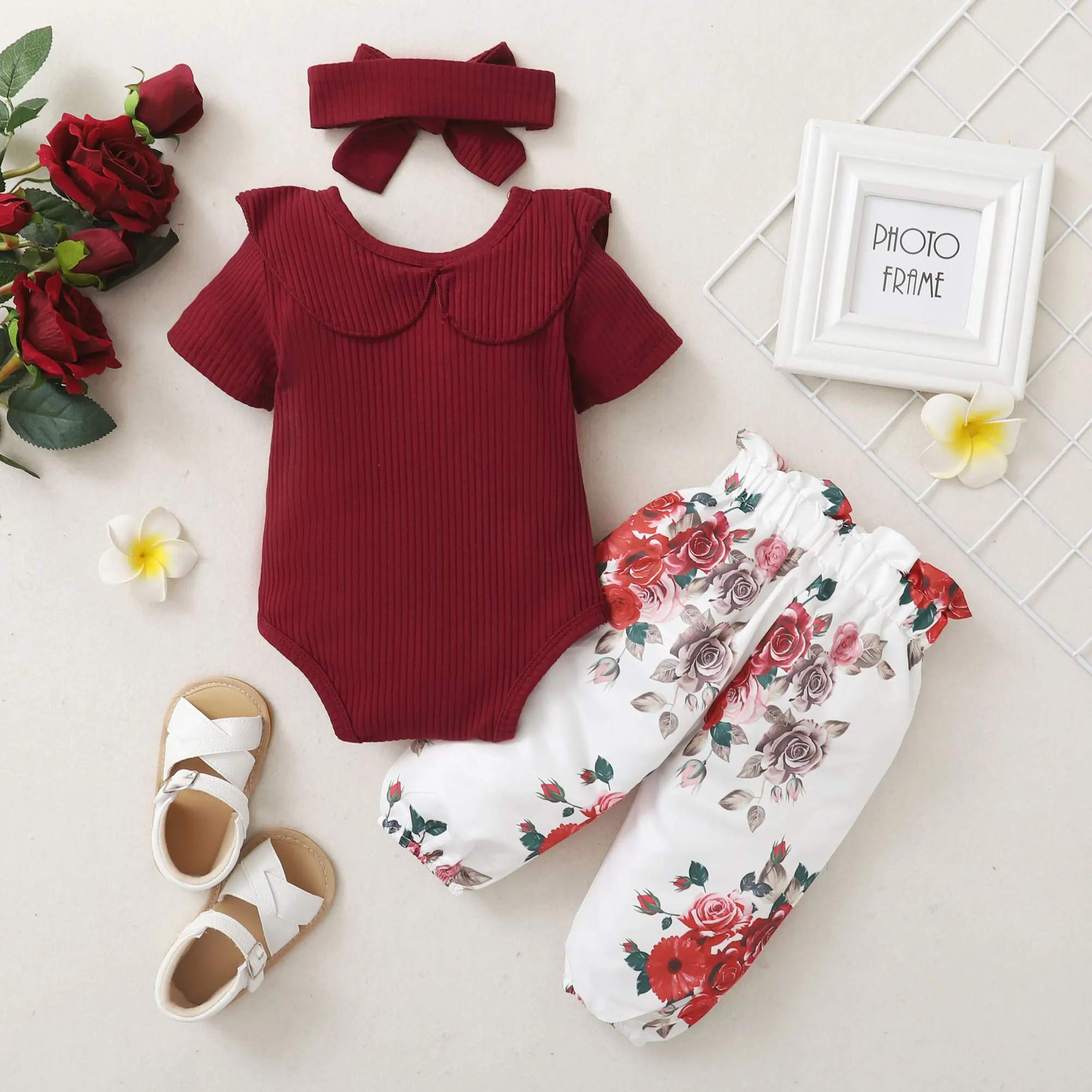 0-2 Year Old Newborn Baby Girls Summer Round Neck Short Sleeve Jumpsuit With Flower Printed Pants Cute Fashion Set