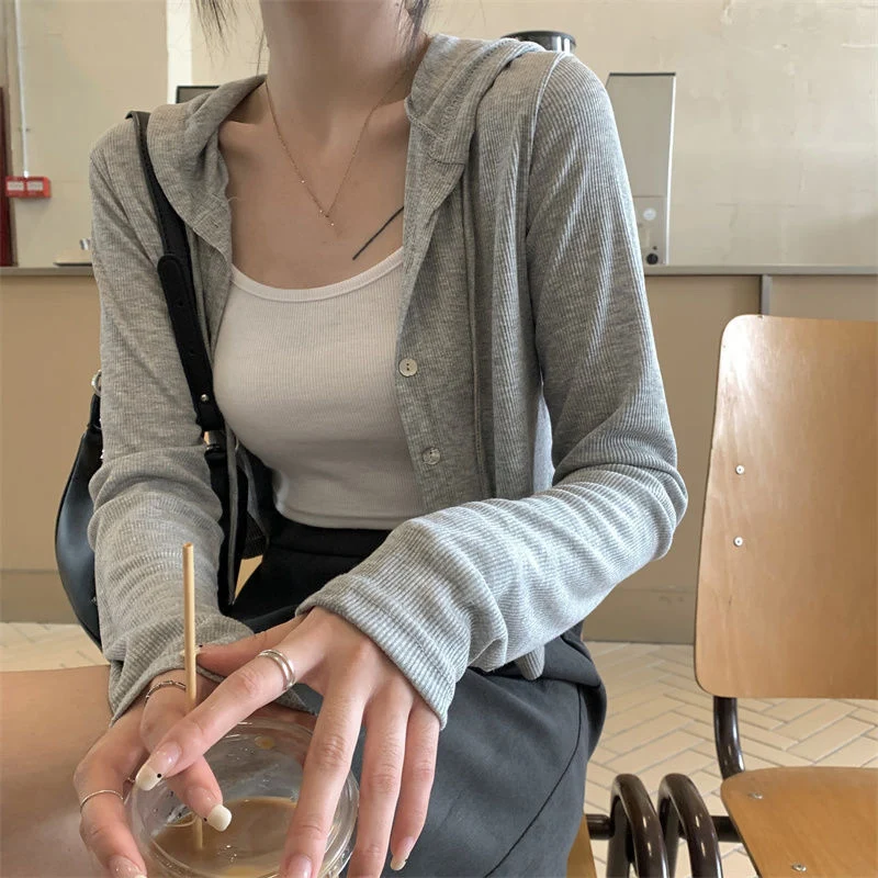 

Rimocy женский летний вязаный кардиган с капюшоном - корейская уличная одежда, однобортный укороченный однотонный трикотажный топ с длинными рукавами