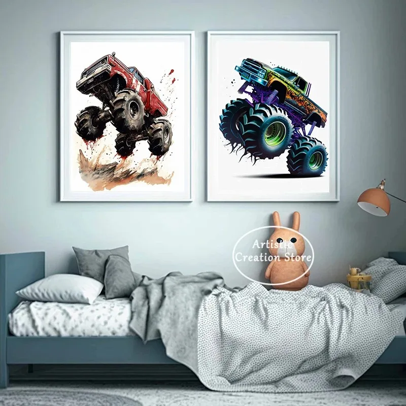 Watercolor Monster Truck Posters Canvas Painting Wall Art Pictures for Living Room Children\'s Home Decor Boys Gifts