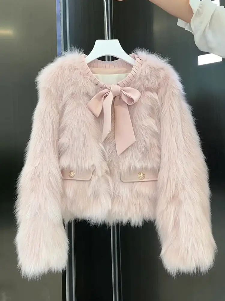 Winter Pink Eco-Friendly Fox Hair Women's Short Fringed Edge Design Age-Reducing Jacket Furry Top Faux Fur jacket For Lady