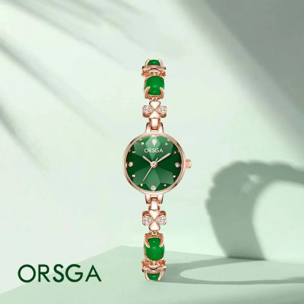 

ORSGA женские маленькие зеленые кварцевые часы с инкрустацией бриллиантами, высококачественный халцедон, тонкий и модный роскошный стильный ремешок-браслет
