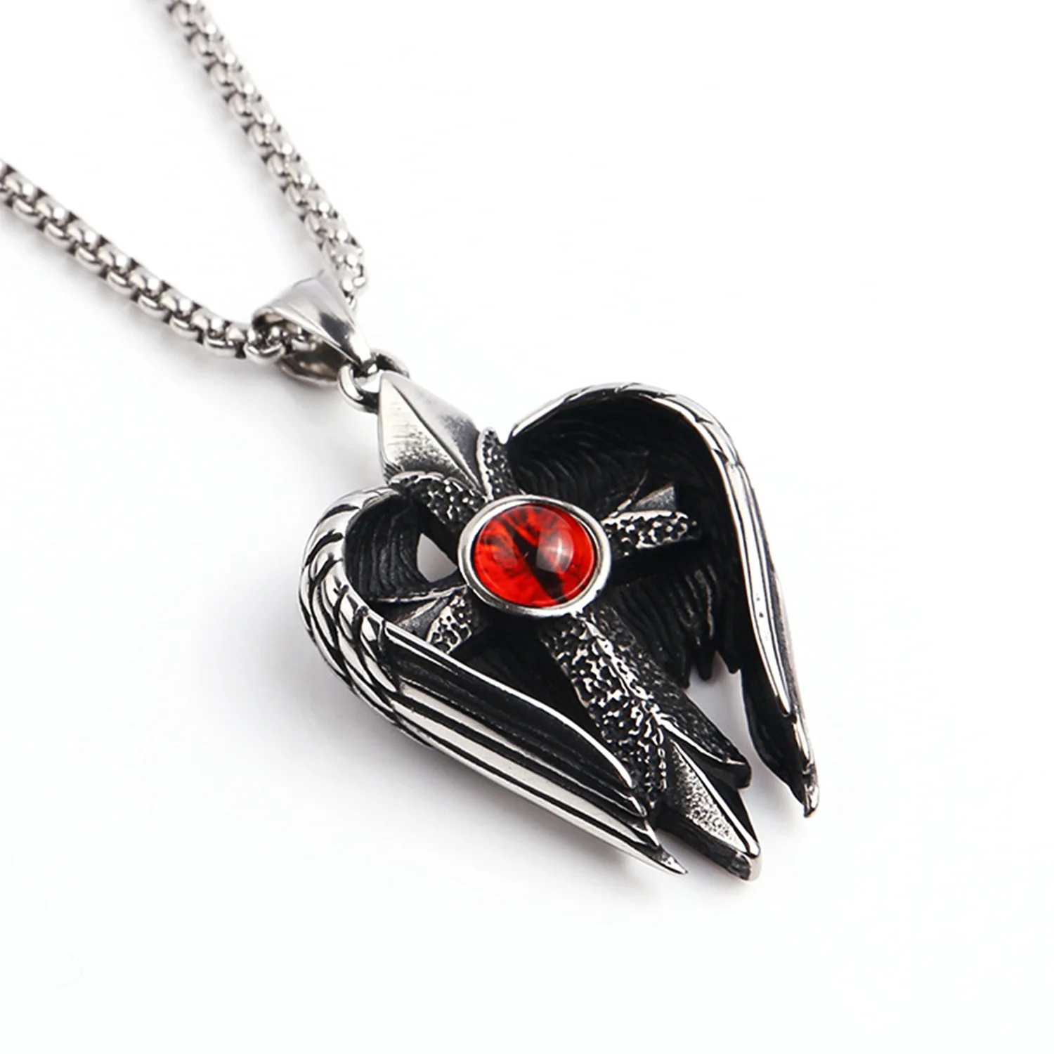 

Hip Hop Punk Tide Angel Wings Demon Eye Cross Stainless Steel Pendant Men's and Women's Necklace