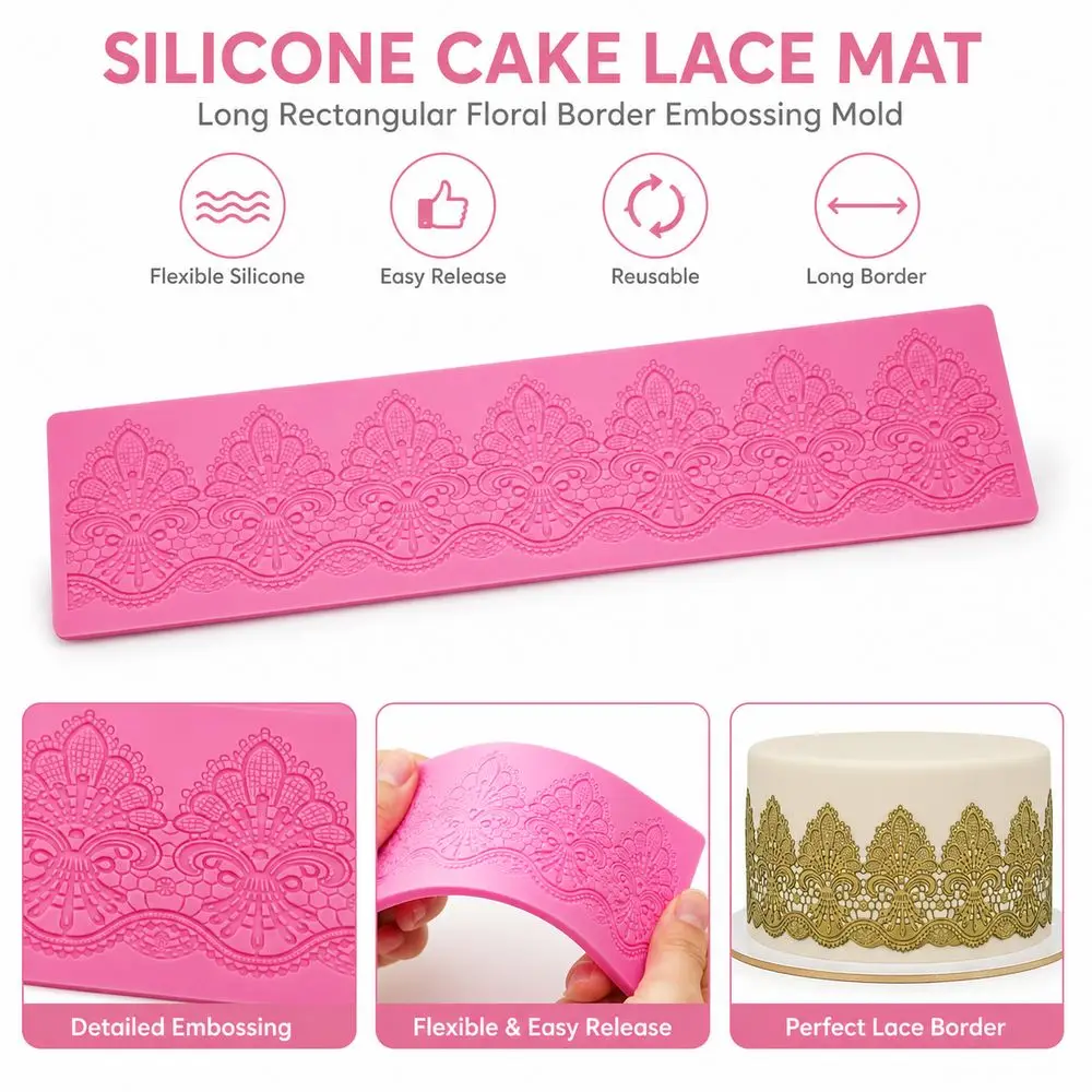 Silicone Floral Border Mold Flexible Vintage Floral Pattern Fondant Embossing Mat Reusable Embossed Texture Cake Lace Mat