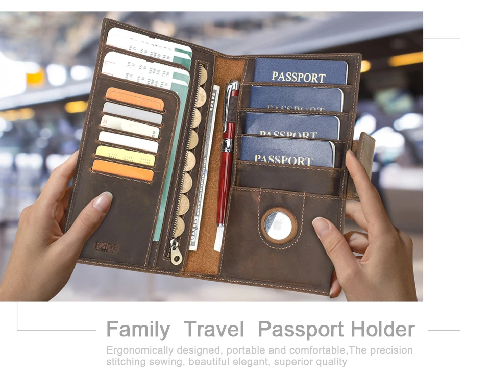 Familien-Passporttasche aus echtem Leder mit Anti-Verlust-Airtag-Etui, Reisepasshülle für Karten, Stifthalter, Reisepass, Reise-Clutch – Detail 3