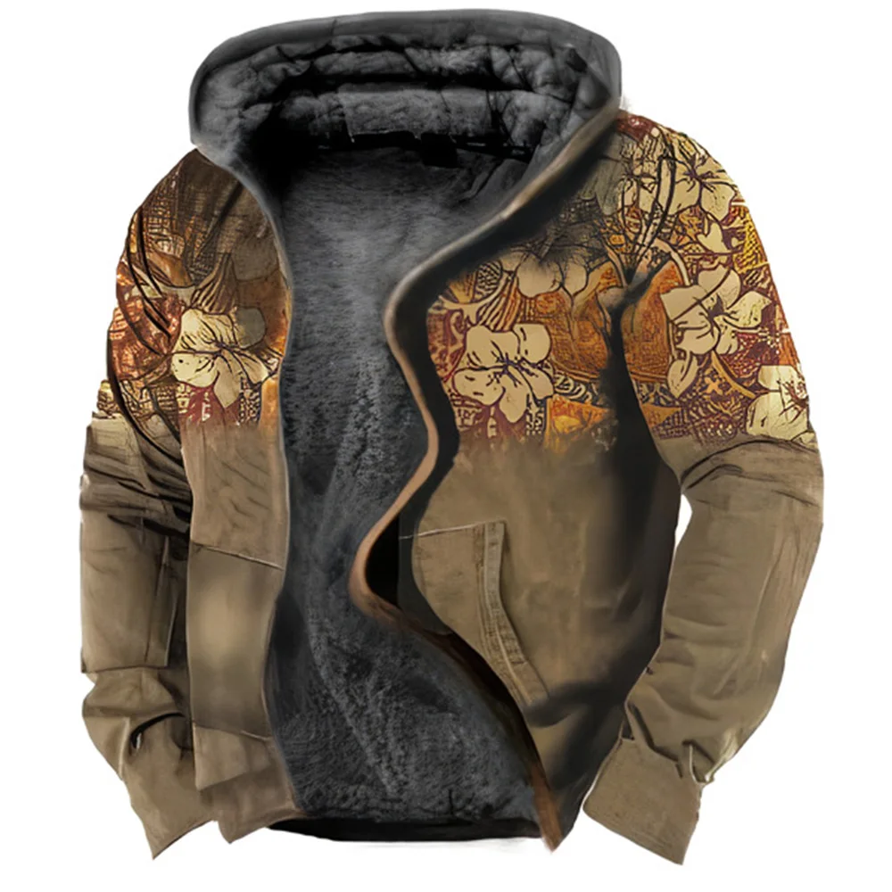 Vintage Autumn Winter Men Zip Up Hoodies Long Sleeve Fleece Hood Jackets Tribal Graphics Print Casual Outerwear Sweatshirts