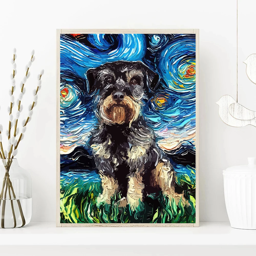 Funny Dogs Starry Night Van Gogh Canvas Painting Abstract Print Dog German Shepherd Bulldog Posters Wall Art Picture Home Decor