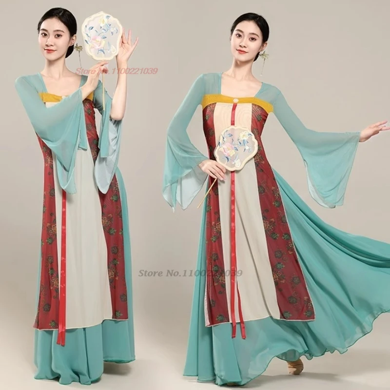 

2026 chinese vintage dance costume national ruqun hanfu chiffon tops+skirt set traditional stage performance folk fairy dress