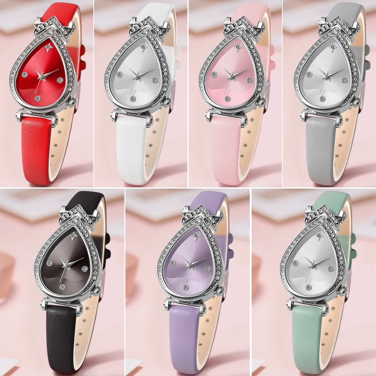 Teardrop Shape Women Quartz Wristwatch Rhinestone Inlaid Bezel PU Leather Strap Creative Irregular Dial Ladies Watch