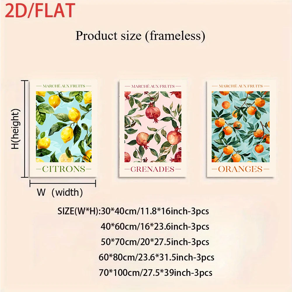 3pcs frameless Canvas Painting 1 set of frameless decorative paintings featuring French fruits, including lemons, pomegranates,