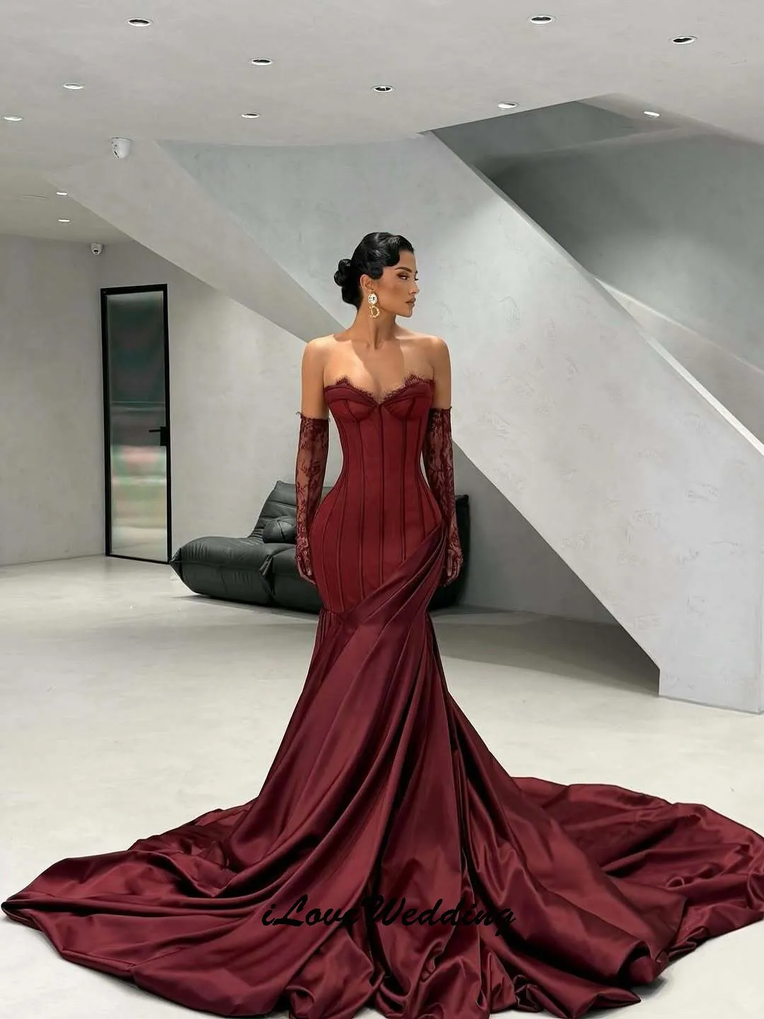 Elegante sem alças vermelho vestidos de baile 2025 com decote em v rendas sexy vestidos de noite tribunal trem sereia vestidos formais para gala personalizado