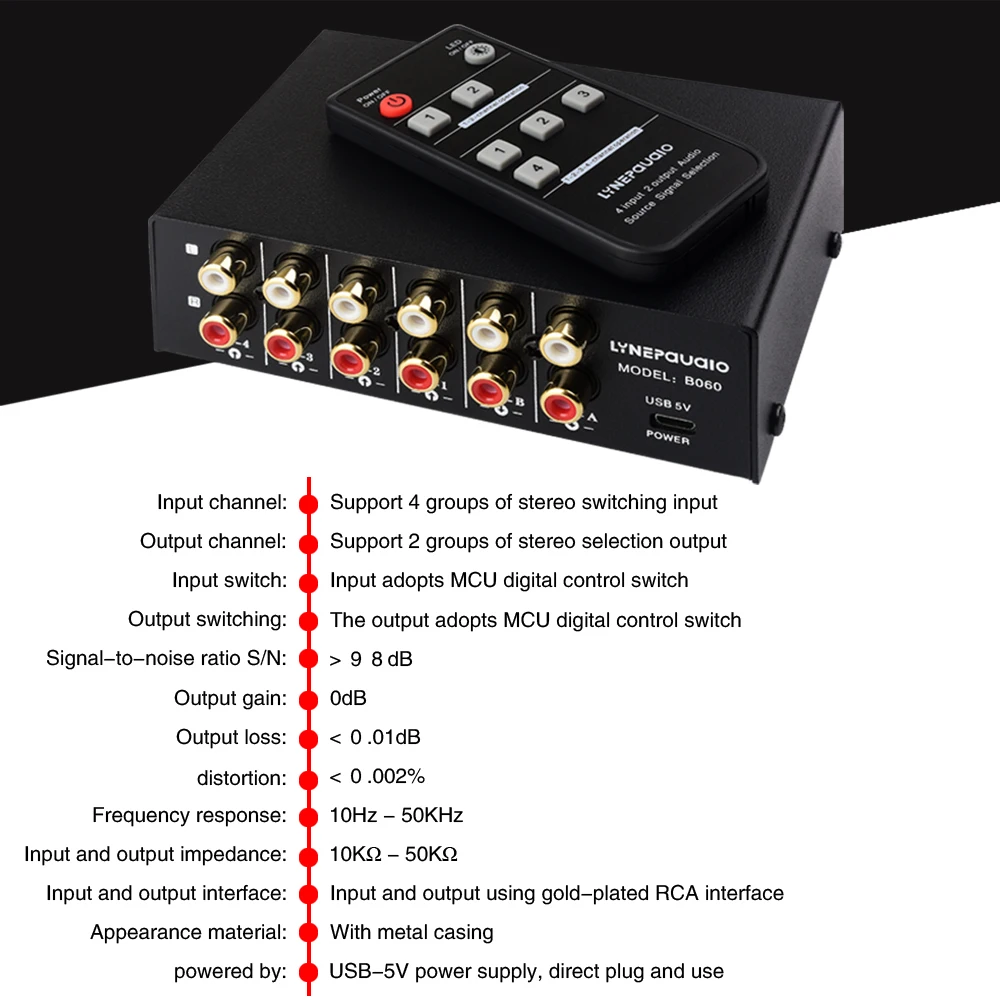 2024 new 4-in 2 or 2-in 4-out audio signal selection switcher\\with remote control switching function lossless RCA interface