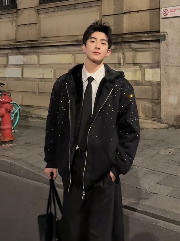 شتاء جديد سميكة الدافئة الثقيلة السماء المرصعة بالنجوم حجر الراين البلوز فضفاض عادية الصوف مبطن سستة مقنعين سترة للرجال