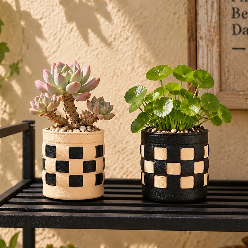 New Resin Faux Leather Checkered Succulent Planter Grid Cylindrical Flower Pot for Balcony Sunroom Desktop Home Decor Gift
