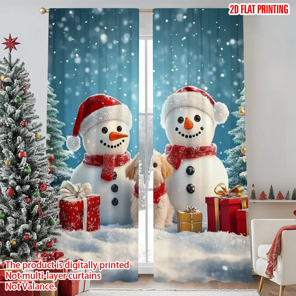 

2pcs 2D flat printing Christmas Window Curtains Snowman & Puppy 100% Polyester Without Electricity Birthday Party Perfect for