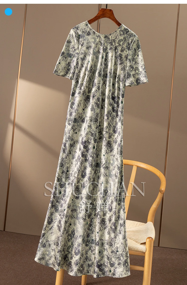 stile scorrevole, armadietto magico, taglio obliquo, lavaggio con sabbia, abito con stampa in raso crêpe tinta unita di seta, donna 57B6