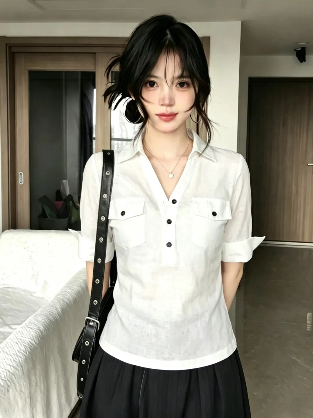 White Collared mid Sleeve T-Shirt Women Summer Slim Fit Fashionable Short Sleeve Versatile Citywalk Shoulder Level Top
