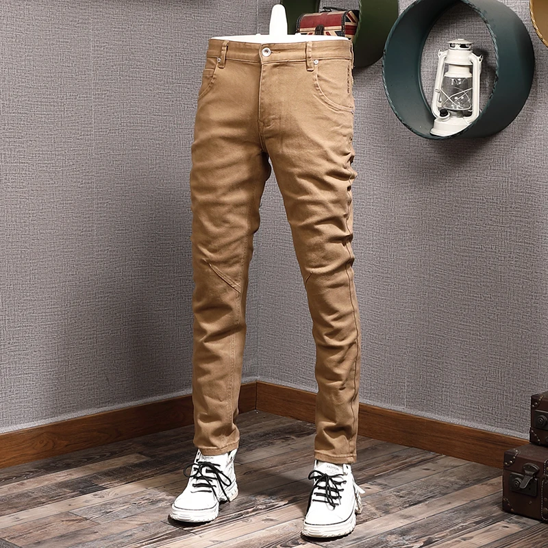 Fashion Designer Men Jeans High Quality Black Khaki Brown Stretch Slim Fit Vintage Jeans Men Korean Casual Denim Pants Hombre