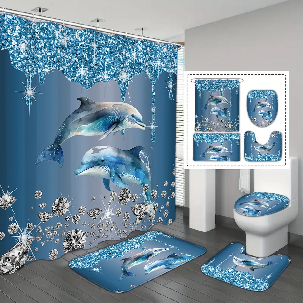 4-piece set of shiny dolphin waterproof printed shower curtains with 12 hooks and bathroom floor mats