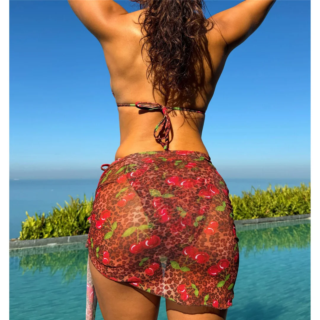 Mit Sarong Leoparden-Bikini, Damen-Badebekleidung, dreiteiliges Bikini-Set, Neckholder-Badeanzug, Badeanzug, Schwimmanzug V7900 – Detail 3