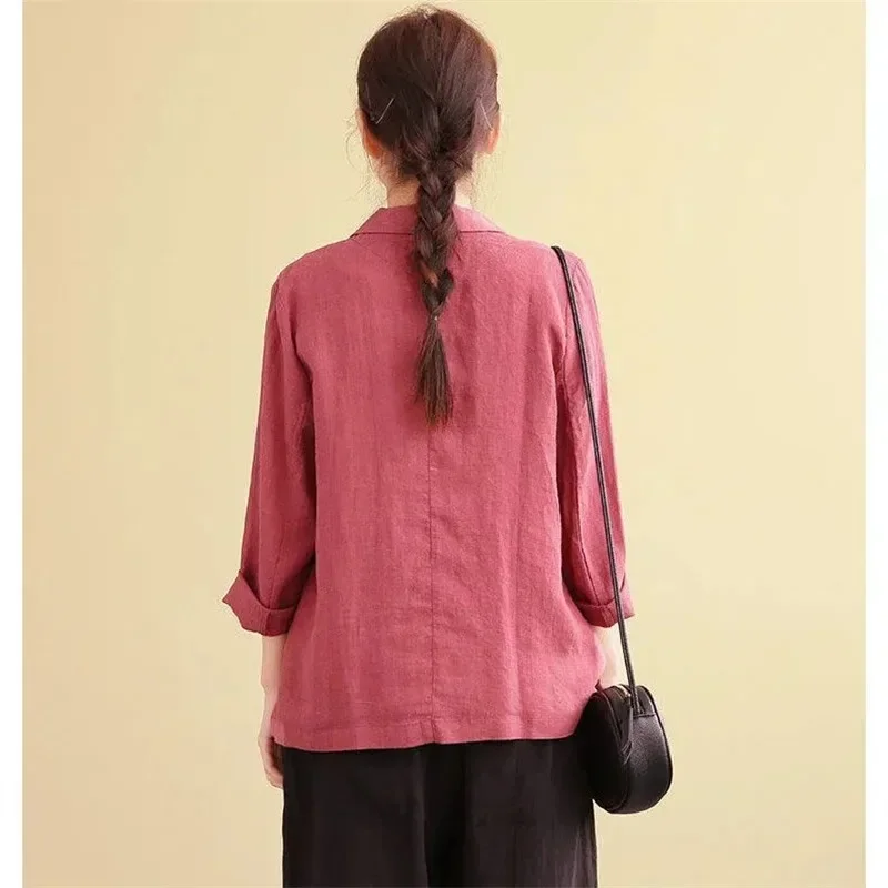 Women Fashion Solid Cotton and Linen Suits Jacket Spring and Autumn 2024 Summer New Thin Three-Quarter Sleeve Sunscreen Blazer