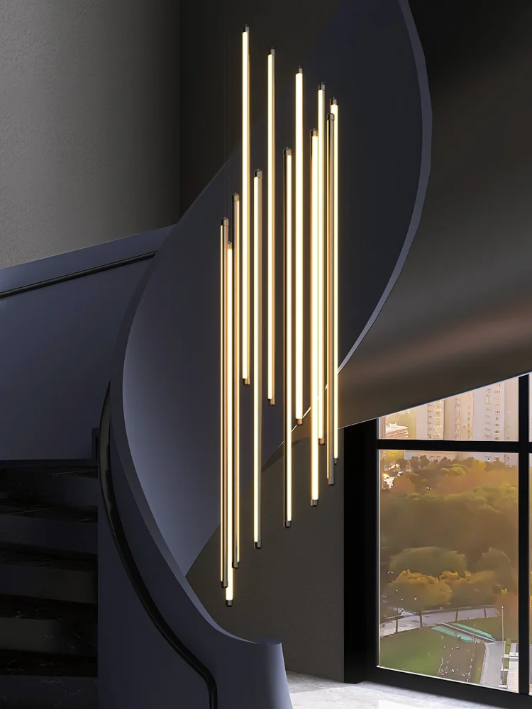plus Aluminum LED Staircase Chandelier Hanging Lamp for Long Stair Lighting Luxury Hotel Villa Office with Tube Light