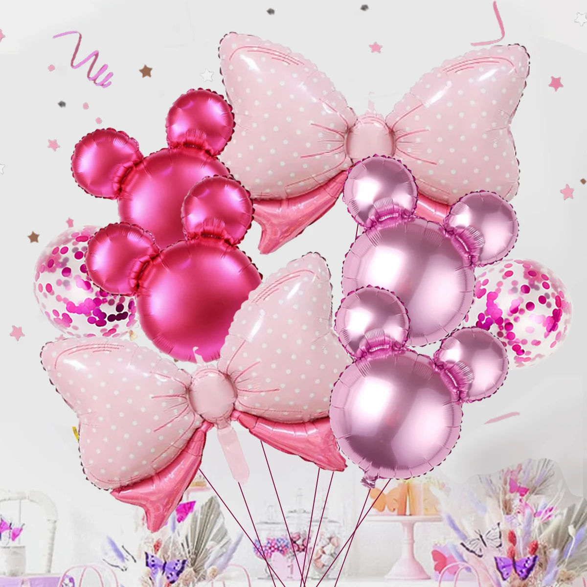 1set of pink mouse bow knot balloons, suitable for Minnie, Disney, baby shower, wedding, birthday, anniversary, party scene girl