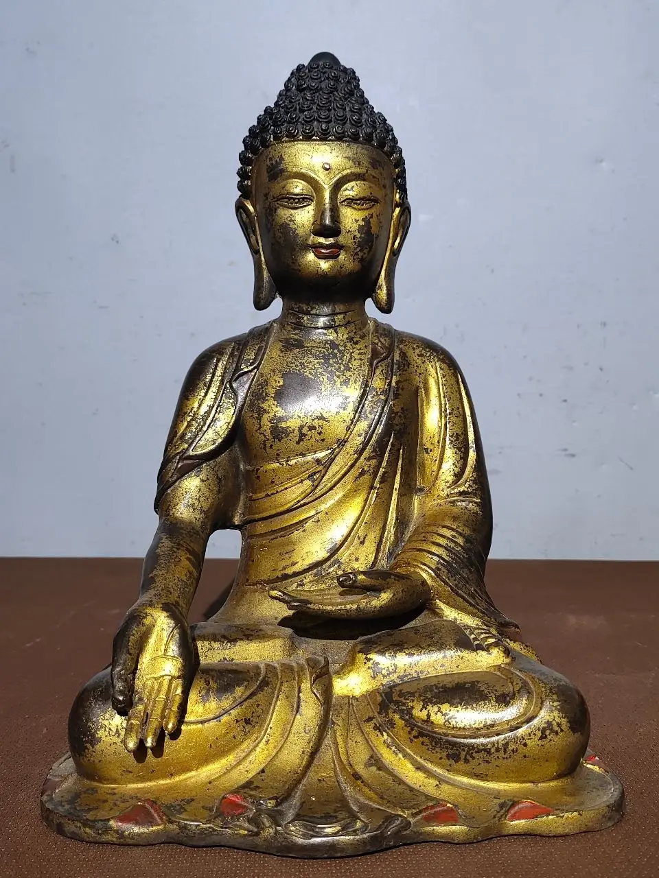 

12"Tibetan Temple Collection Old Bronze Cinnabar Mud gold Sakyamuni Buddha Amitabha Sitting Buddha Worship Hall Town house