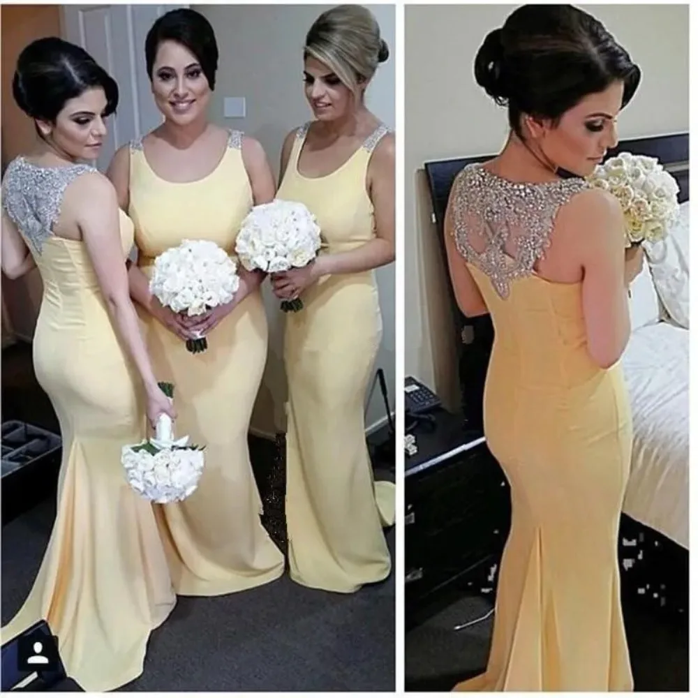 

Light Yellow Gorgeous Wedding Party Dress Satin Bead SCOOP Neck Sexy Vestido Madrinha De Casamento Custom Prom Gown Evening