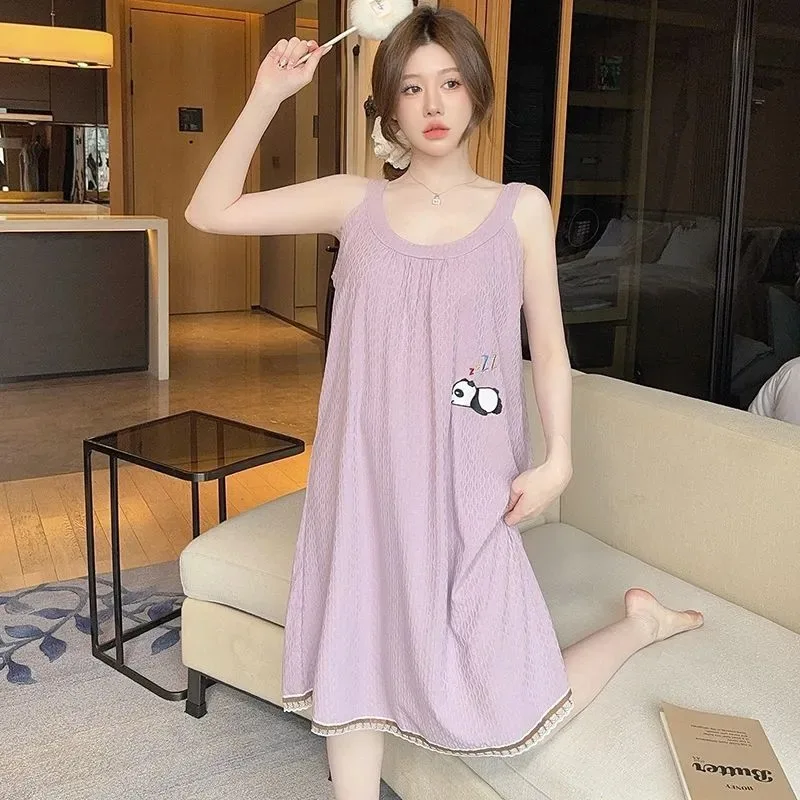 Women Cartoon Panda Print Nightdress Sleeveless Loose Summer Sleepwear Dress