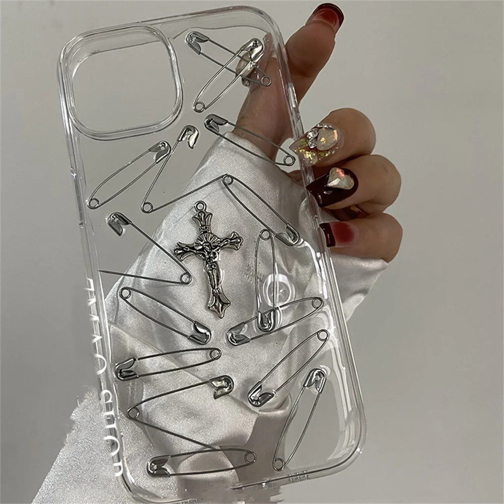 INS Vibe Pin Cross Jesus Turtle Clear Phone Case For iPhone 16 15 13 14 12 11 Pro Max Plus 3D Cool Punk Soft Silicone Back Cover