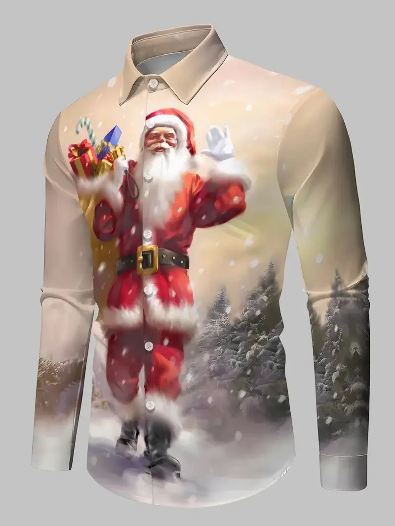 Camisa con estampado navideño de moda en 3D, camisa informal de manga larga para hombre, camisa de diseño callejero para otoño/invierno