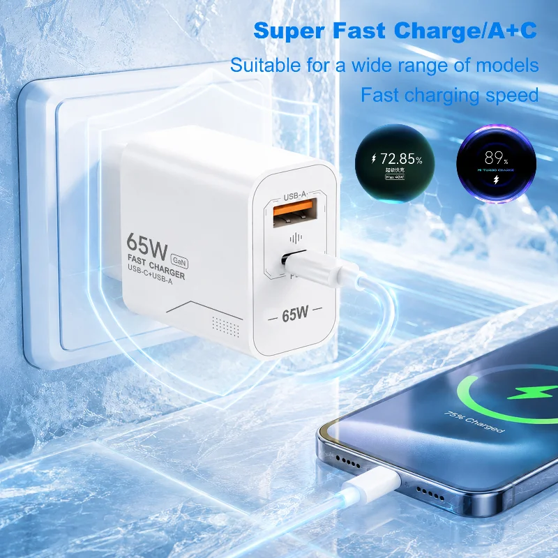 Universal 65W GaN Multi-Protocol Fast Charger USB C Dual Port Phone Power Adapter EU/US Plug For iPhone Xiaomi Samsung Huawei