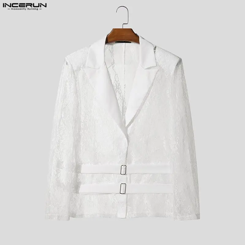 

INCERUN мужской пиджак кружевной лоскутный прозрачный мужской костюм с лацканами и длинными рукавами уличная одежда 2025 модный тонкий пиджак унисекс S-5XL
