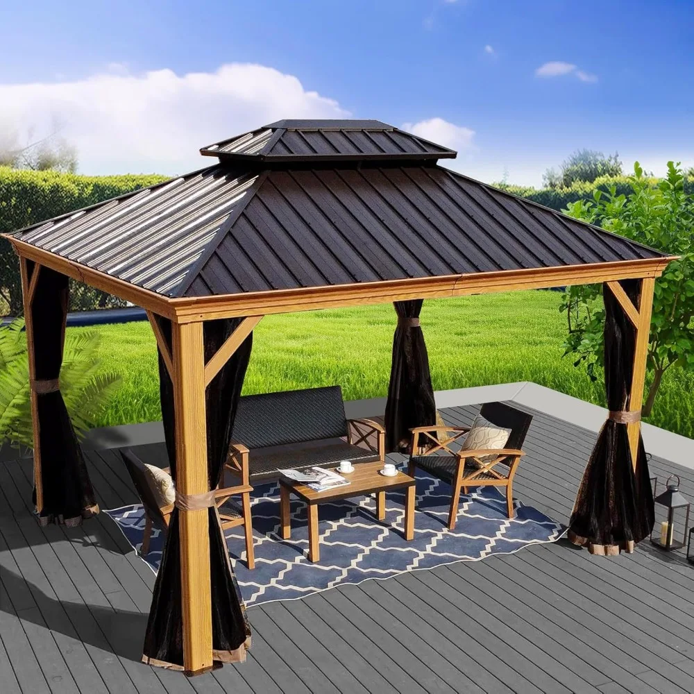 

Apollo 10’x12’ Hardtop Gazebo, Wooden Coated Aluminum Frame Canopy with Galvanized Steel Double Roof, Outdoor Permanent Metal P