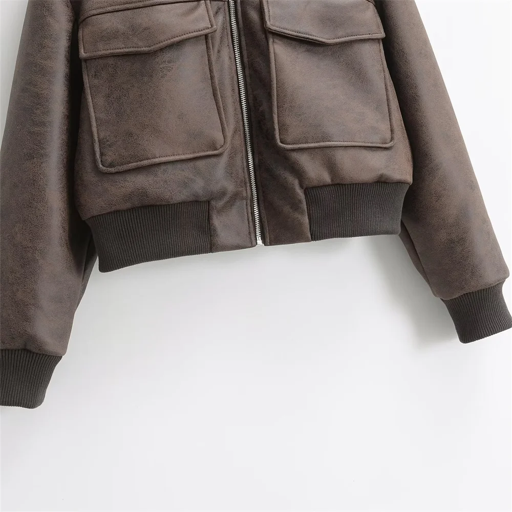 Autumn New Product Women's Fashion Imitation Leather Motorcycle Style Collar Long Sleeve Jacket Leather Jacket Short Coat